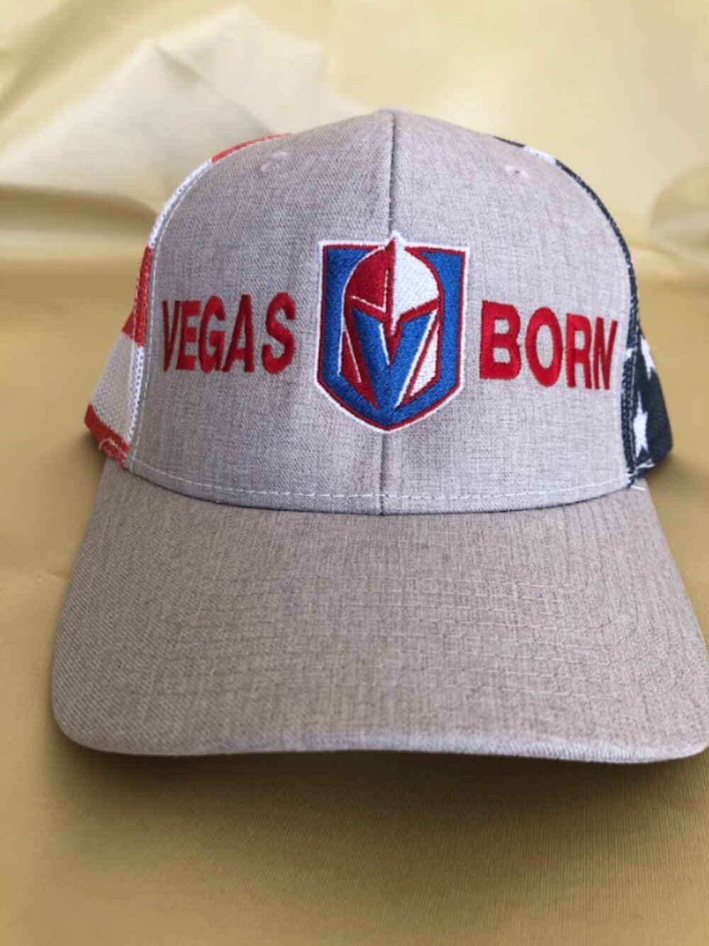 Las Vegas Golden Knights Vegas Born Grey and USA Mesh Trucker Snapback Hat!